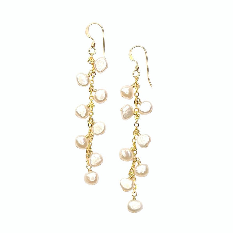 The Kalaheo Earrings on a plain ground, freshwater pearls on gold-fill wire