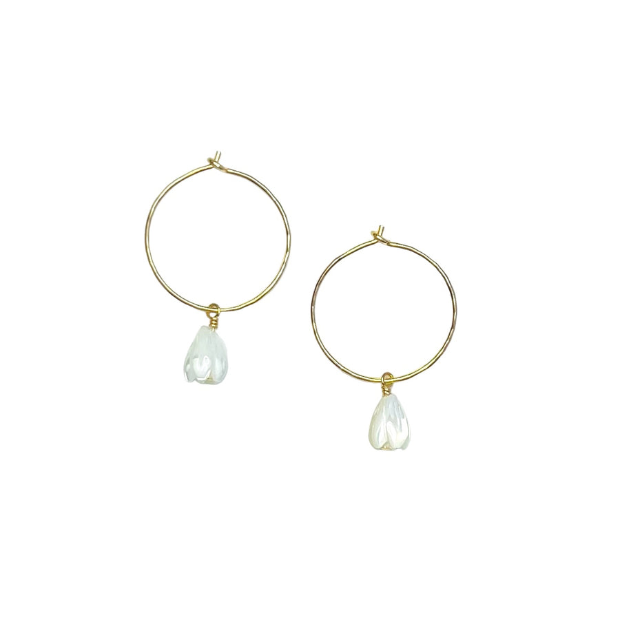 The Perfect Hoops Pikake on a plain ground, hammered gold-fill hoops with a carved bud