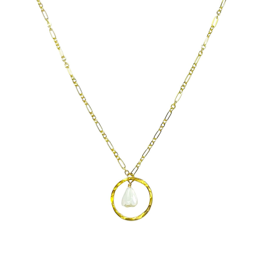 The Pikake Necklace on a plain ground, carved mother of pearl buds on a gold-fill chain