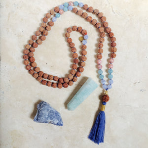 BLISS: Blue Lace Agate, Amazonite + Rhodochrosite Aloha Mala Necklace